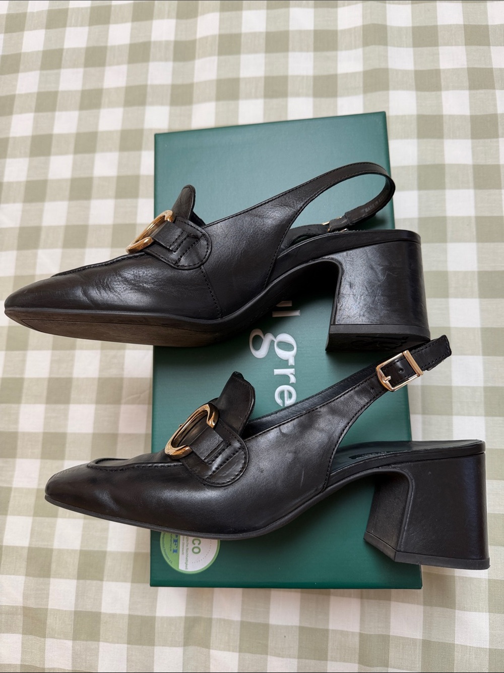 Paul Green Black Leather Slingback Mules with Gold Chain Detail - Picture 3 of 4